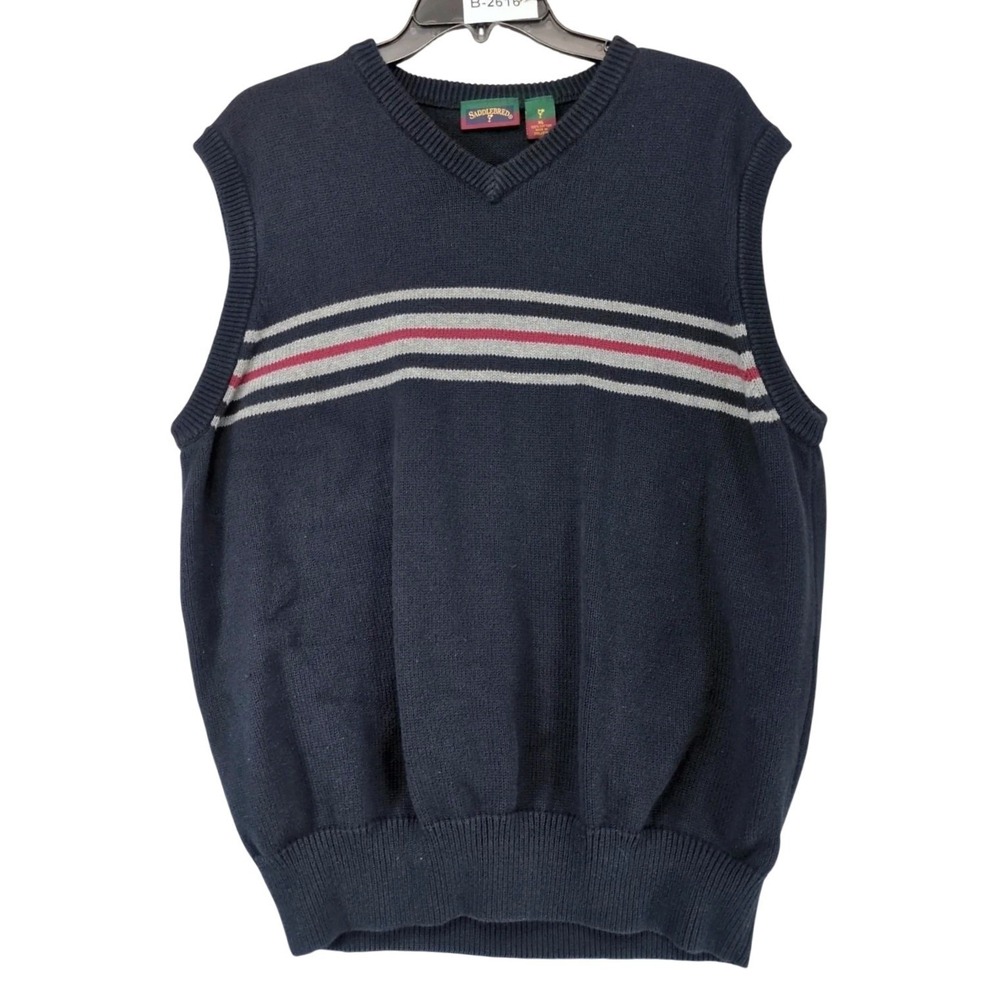 Vintage 90s Saddlebred Navy Striped Sweater Vest Mens XL Cotton Preppy Classic